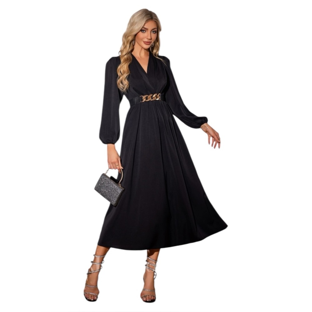 NWT JJ’s House V-Neck Long Sleeve A-line Satin Midi Dress in Black Size Small